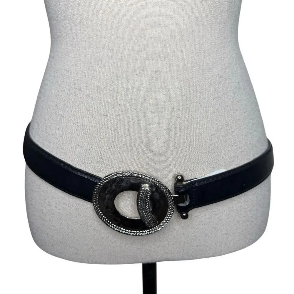 Faux‎ Leather Belt Brown Adjustable With Interlocking Hammered Metal Buckle Sz L